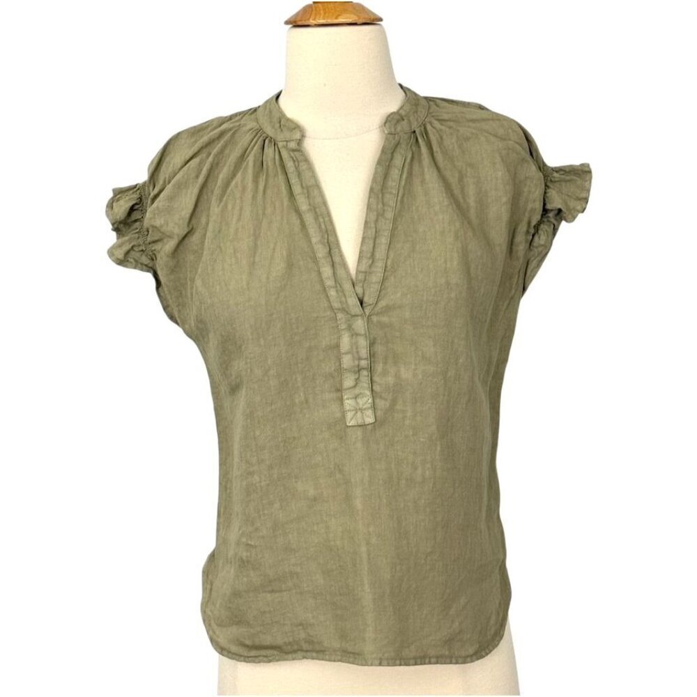 Anthropologie Pilcro Tatum Flutter Sleeve Top Blouse Olive Green Linen Size XS